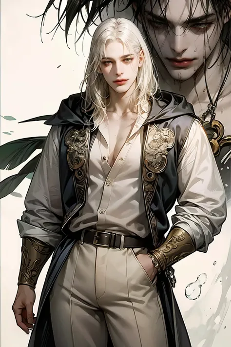 Middle Ages, man, Middle Age, (One, ), Castlevania Lord Beautiful, thin, man, ( grey medieval shirt and brown pants, dirty things), peasant hoodie ,  PENDANT,  hanging around my neck , super  detailed face ,   long hair, tail on the head,  white hair,   sh...