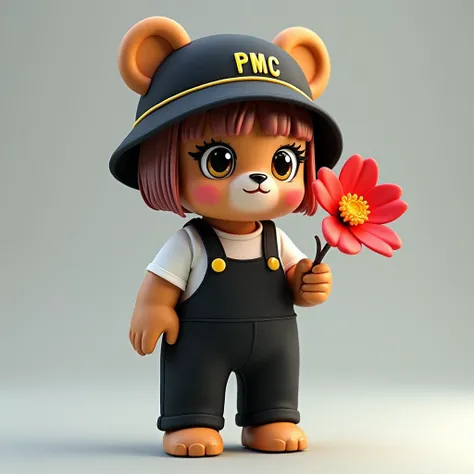 Hyper realistic cute female look brown bear doll using black one piece jumpsuit with white tshirt inside, HD, light grey colour background, holding a five petals red flower with yellow at the centre, bucket hat with yellow PMC letter embroided to the hat, ...