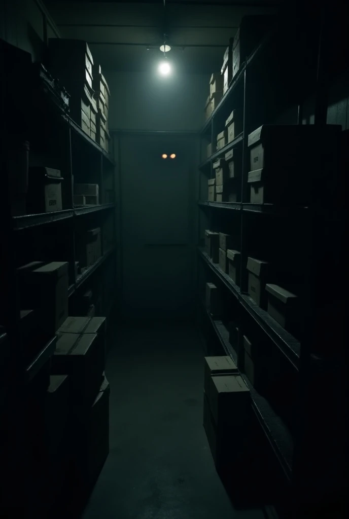 Sense of Surveillance : " A claustrophobic space in a backroom ,  with empty metal shelves and boxes stacked in a disorderly manner.  The lighting is dim and creates shadows that seem to move .  A pair of glowing eyes peeks out of the dark in a corner ,  r...