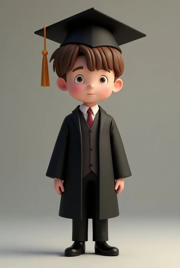 Mascot boy  brown hair with wine graduation hat on his head dressed in black graduation gown, black pants and black dress shoes