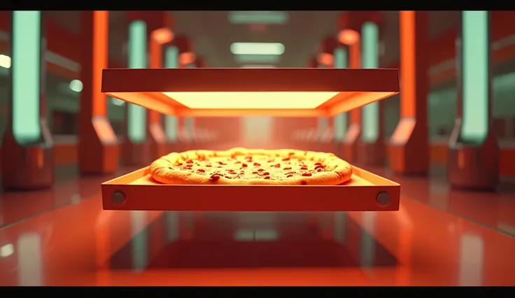 A close-up of a futuristic pizza box, labeled "HoverPizza 9000," glowing and floating mid-air as it opens itself. The pizza inside hovers slightly above the box, with lights flashing around it in a dramatic fashion. The scene has a sleek, high-tech look bu...