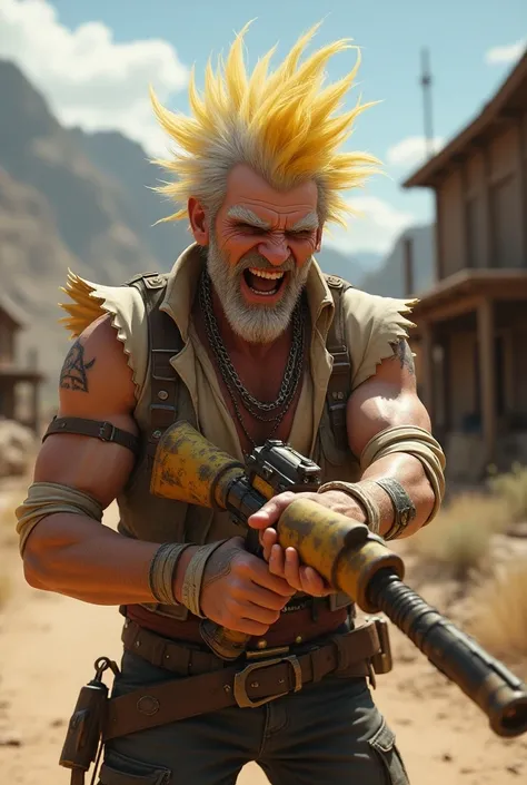  A half-punk man with yellow hair half white.  Looking like a miner who is crazy ,  laughing and lives in the Western West , white regatta(sleeveless) and uses dynamite as a weapon .  Appearance similar to junkrat (Overwatch)