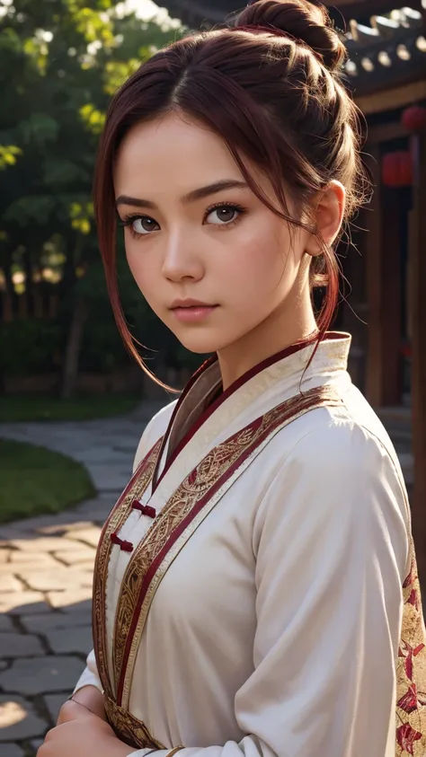 Best image quality, masterpiece level, ultra-high resolution, realism, fantasy theme, weapons, facial details, a girl, single, hair bun, fairy tale theme, upper body, Chinese architecture, flame, get detailed outdoor lighting and movie lighting, increase d...