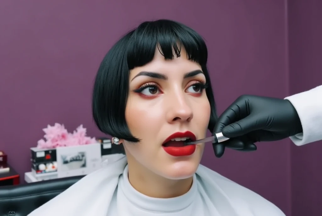 Close up of an elegant woman sitting on a white barber chair, getting a bald headshave. She is very nervous, scared,but excitedly smiling eyes open and looking up at the viewer. ((A hair clipper is shaving her head)). (Her head has been (mostly shaven bald...