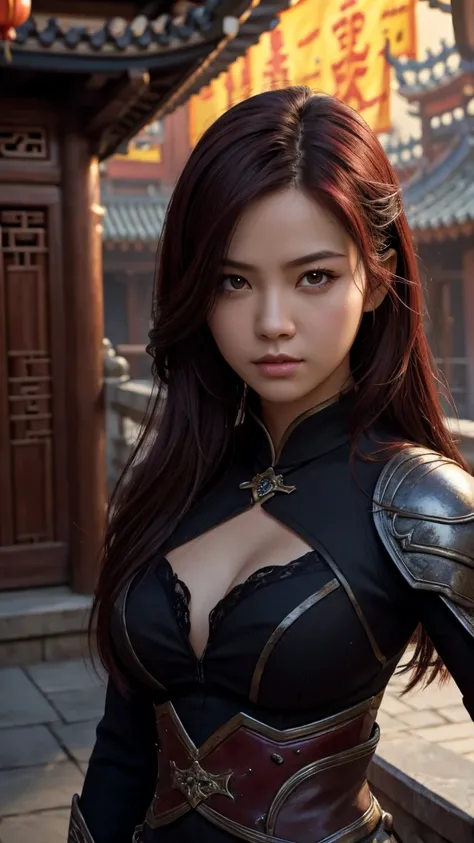 Best image quality, masterpiece level, ultra-high resolution, realism, fantasy theme, huge weapons, facial details, a girl, single, hair open, fairy tale theme, upper body, Chinese architecture, flame, get detailed outdoor lighting and movie lighting, incr...