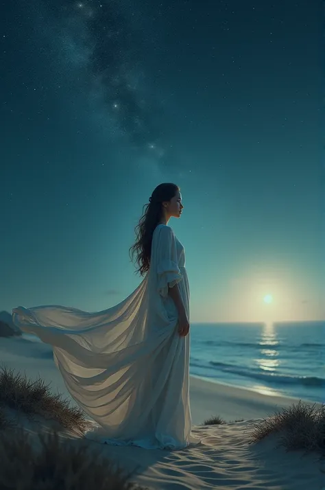 A coastal woman in the desert with starry skies 