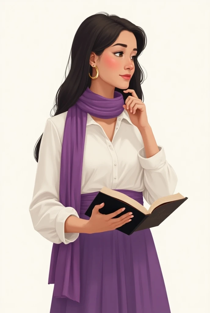 I want an illustration of a woman of approximately 25 years old standing there reading a bible , Let the whole body be seen , with purple scarf  ,  white blouse and not so realistic purple skirt 
 