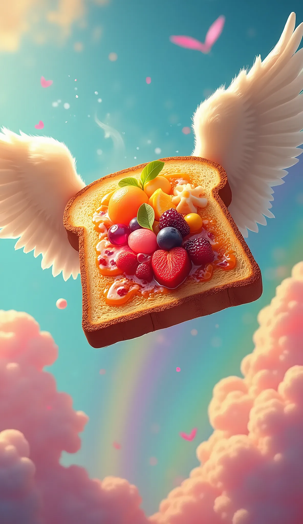  A slice of toast flying through the sky , Angel wings growing, It is fascinatingly colored with brightly colored jams and fantasy rainbow-colored sauces,  Expression of flapping wings layered on a single slice of toast ,  Dramatic sense of dynamism that pops out of the toaster oven,  flying through a rainbow of space ,  BREAK looks so delicious  ,  warm steam ,  Crispy on the outside  , The inside is plump ,  oily butter coating ,  giving it a charm that makes everyone want to eat , Eating this toast will give you 、 ultimate artistic creativity...