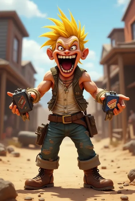 A 26-year-old half-punk man with yellow hair.  Looking like a miner who is crazy ,  laughing and lives in the Western West , white regatta(sleeveless) and uses  ,T.n. T dynamites and explosives as a weapon .  Appearance similar to junkrat (Overwatch)