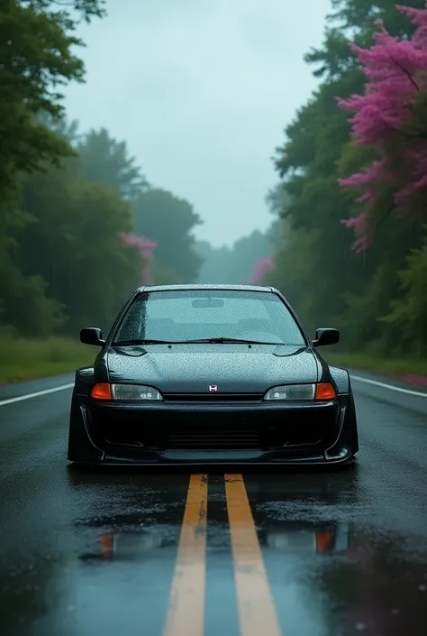 Honda civic 1994 modle wide body black color background 2 row road with full of green and pink trees on both side wet road dark clouds 