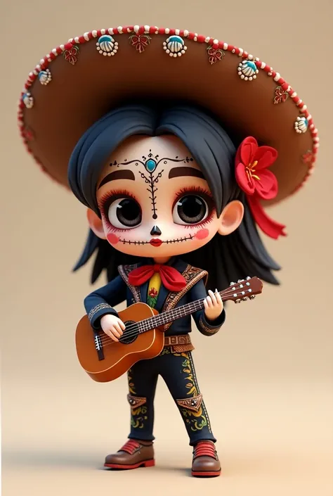 a hyperrealistic  catrin  chibi kawai illustration 3d dressed as a skull make-up, dressed as a mariachi with a charro hat, below the text "Vicente" in huge font and luminous letters