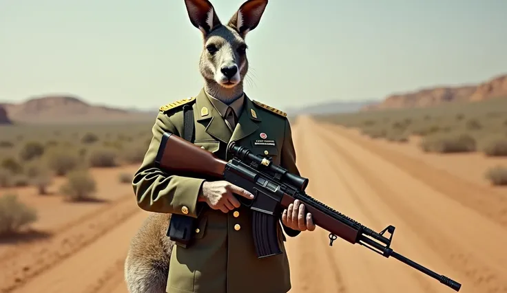 I want national animal kangaroo wear the Australian army dress with full guns head to feet