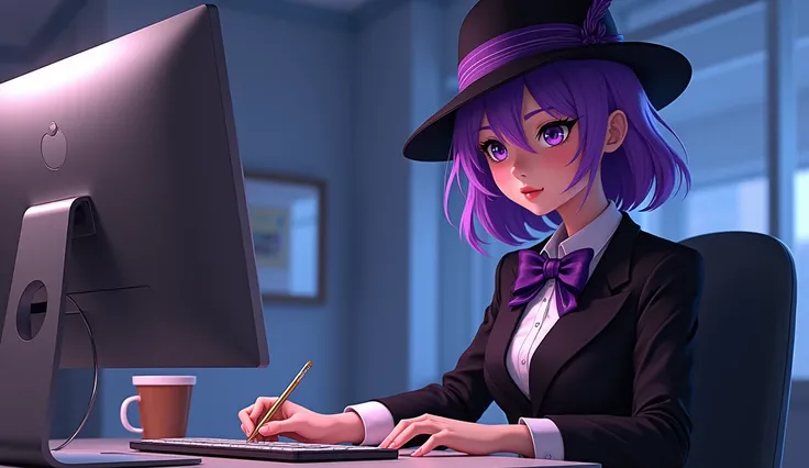 1girl, black hat with purple stripe, black suit, bow on hat, bow tie, purple hair, purple eyes, sitting at the computer, pen in hand, writing