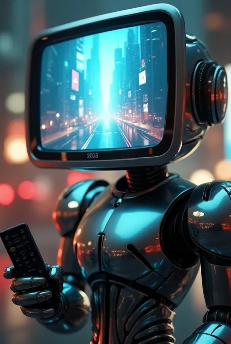 image up to 6 mb with at least 2.048 x 1.152 pixels A metallic, futuristic robot ,  with its sleek chrome body reflecting ambient light ,  has a huge flat screen TV where your head ,  displaying an incredibly detailed futuristic cityscape ,  should be with...