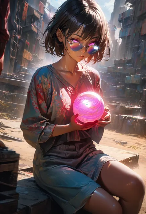 (1girl),(anime),(short dark hair),(dark skin),(shiny glasses lenses),(mouth closed and expressionless),(sitting),(hands holding glowing orb),(two other glowing spheres orbit around her),(detailed face),(extremely detailed eyes and face),(cinematic lighting...