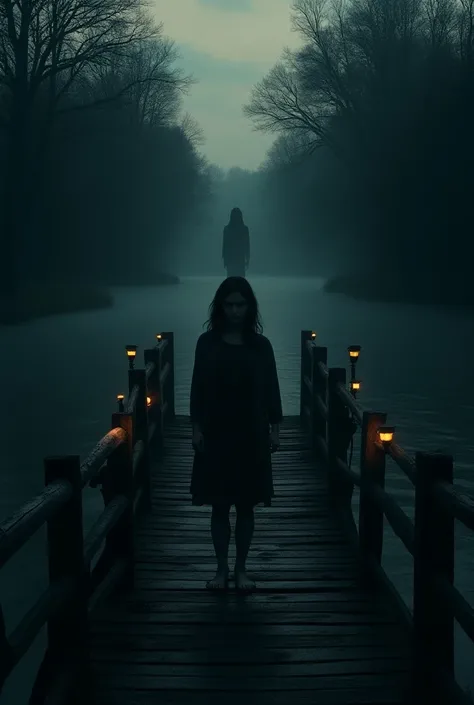  I need one of a woman on a bridge ,  but scared because of a silhouette behind her,  the image should not be so scary , But it must have an air of mystery  