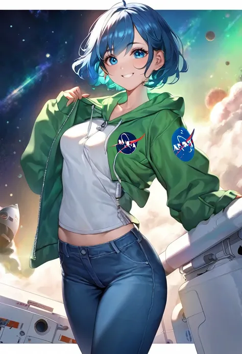 (best quality), (high detailed), (perfect body), (perfect face), one girl, asian, smile, short hair, blue eyes, blue hair, medium breasts, opened-zip green color hoodie, white shirt, NASA logo, long jeans, green trainers, galaxy background