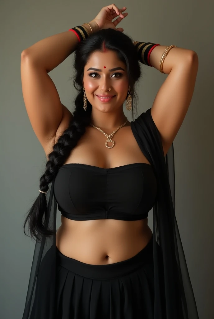 A beautiful mature Indian woman, age 40-45, with light brown skin, long black hair in a braid, big round breasts 36D, a traditional smiling expression, and a perfect fit body with curved hips and round 37, tight big boobs 36DD. She is wearing a black lehng...