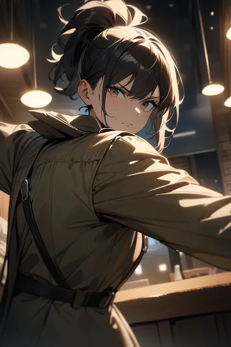 1boy, female focus, solo, criminal, casually holding pistol, dynamic pose, wearing sleek trenchcoat, looking at viewer, indoors, night, upper body, cinematic angle,, (masterpiece), (best quality), (ultra-detailed), very aesthetic, illustration, serious fac...