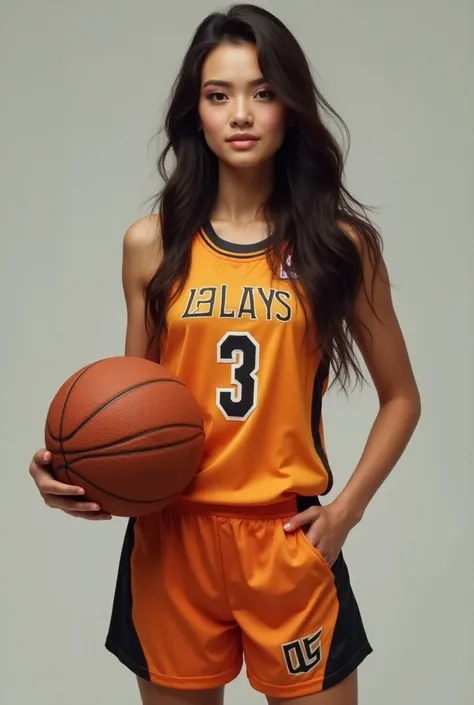 One girl standing,  wearing a basketball shirt],  Details, Realistic, [Have the ball,  27 years old, Long Hair