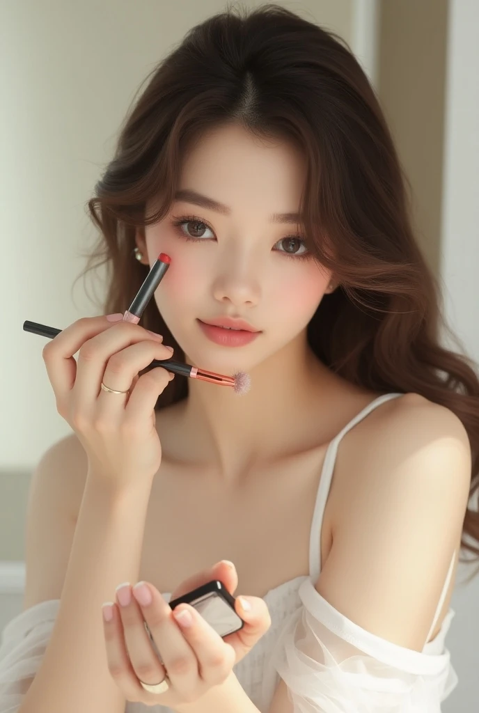 A girl using beauty products, king,wavy hair ,  brown eyes, white clothes
