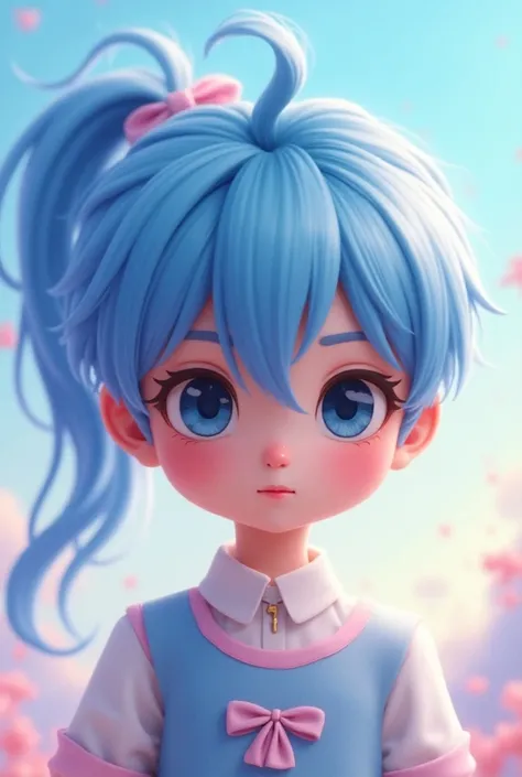 A cartoon character with a blue ponytail hair, a blue stripe across the eyes, wearing a blue blouse with pink details, highly detailed, cute, 1boy, beautiful eyes, beautiful lips, intricate details, soft colors, pastel palette, whimsical, fantasy, digital ...