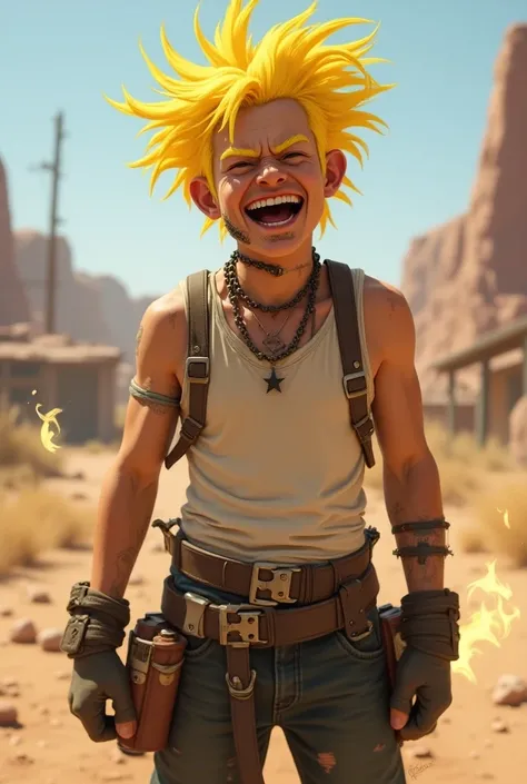  A man in his 20s half punk with yellow hair.  Looking like a miner who is crazy ,  laughing and lives in the Western West , white regatta(sleeveless) and uses  ,T.n.T and explosives as a weapon you use on a belt that surrounds your trunk. Appearance simil...