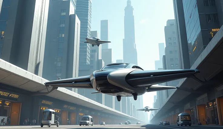 Futuristic city with flying mega-cars 
