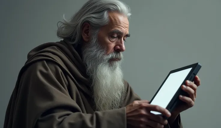  An elderly man in the time of Abraham,  man looking at the screen , Waist part up,  gray hair and beards , gray image background