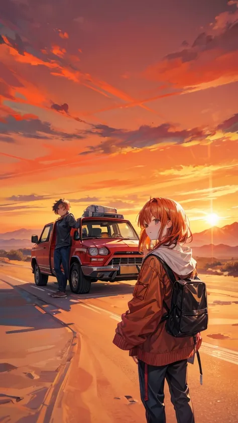 "Two best friends are on an epic road trip through a vast desert landscape. They’re standing beside a vintage car parked on a dusty road, looking out over the endless stretches of golden sand dunes and rugged mountains in the distance. One friend points ex...