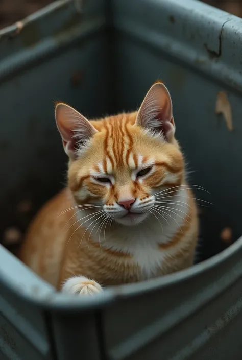 A malnourished orange cat in a grey bin