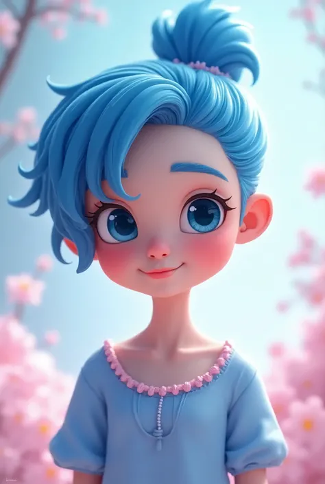 A cartoon character with a blue ponytail hair, a blue stripe across the eyes, wearing a blue blouse with pink details, highly detailed, cute, 1boy, beautiful eyes, beautiful lips, intricate details, soft colors, pastel palette, whimsical, fantasy, digital ...