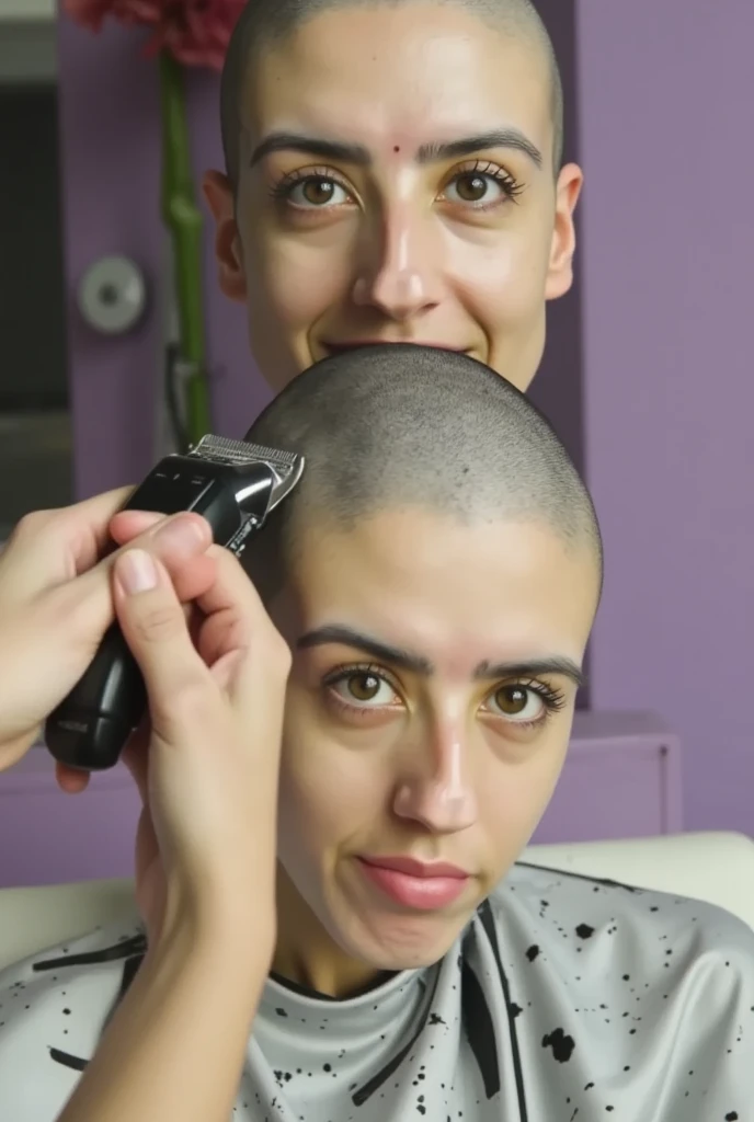 Close up of an elegant woman sitting on a white barber chair, getting a bald headshave. She is very nervous, scared, excitedly smiling (eyes open and looking up at the viewer). ((A hair clipper is shaving her head)). (Her head has been (mostly shaven bald)...