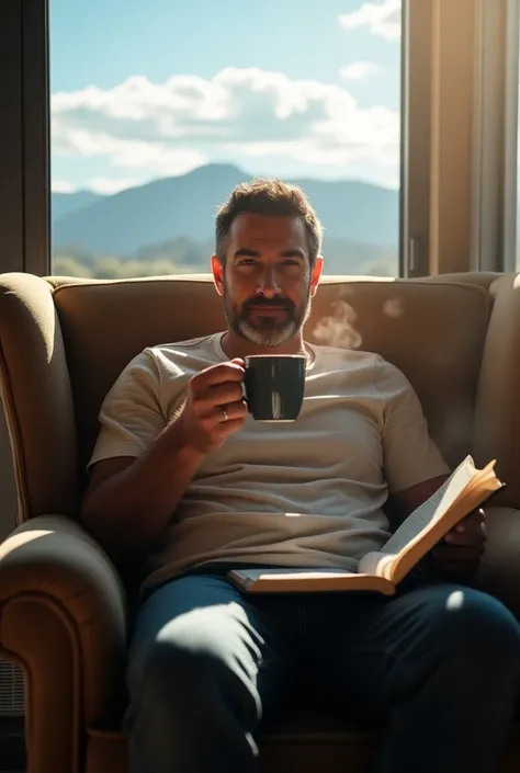  A man sitting in a comfortable chair ,  enjoying a steaming cup of coffee in his right hand . on her lap, holding an open Bible,  with his eyes focused on pages .  Sunlight pours in through a nearby window , , softly illuminating his face and creating a w...