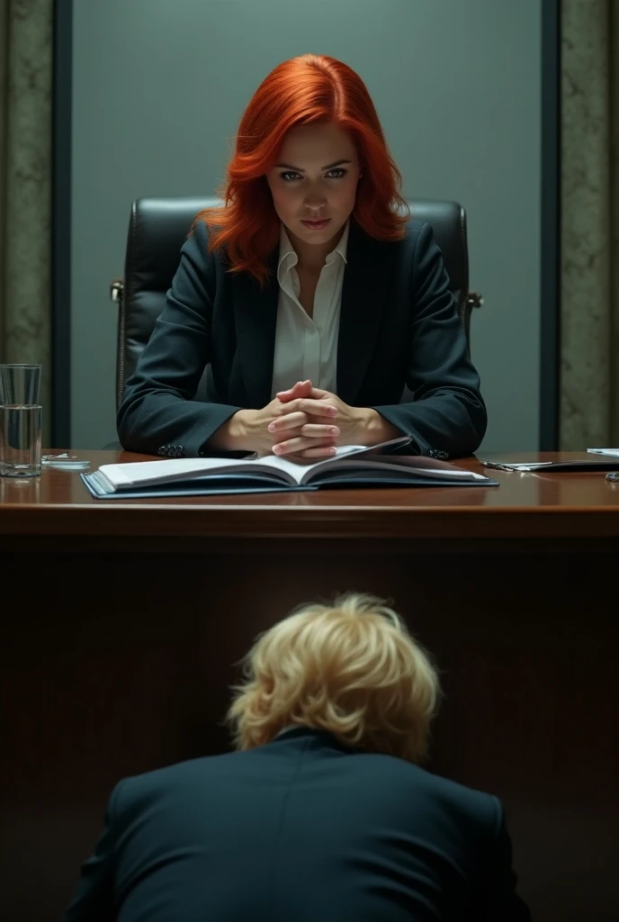  Create a powerful red-haired woman head of a company sitting on the chair, And a blond man crying poor at her feet 