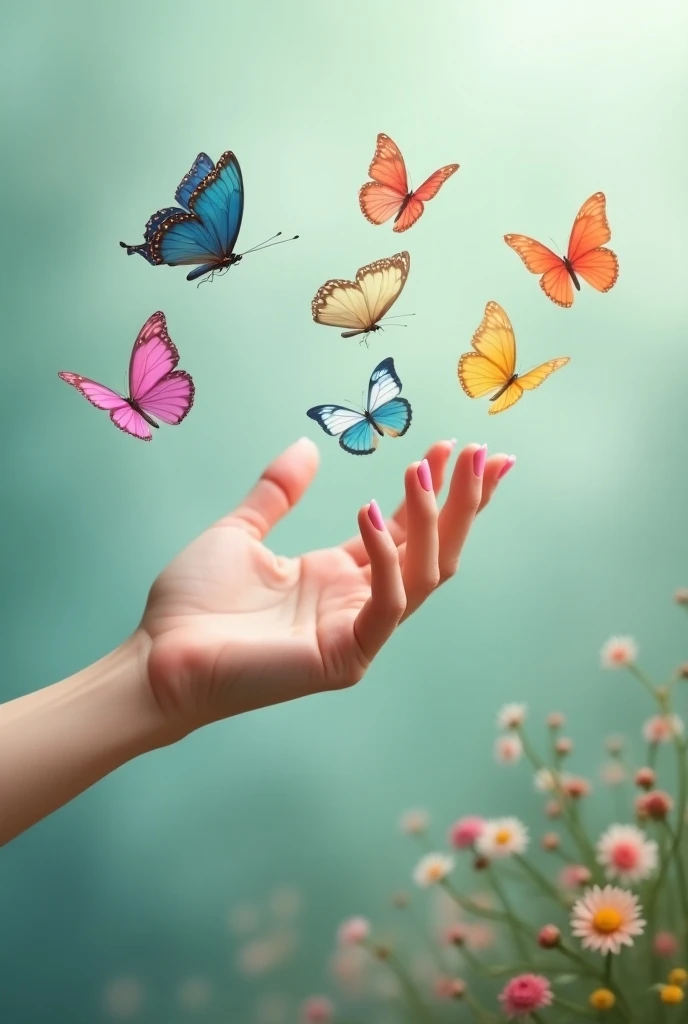  7 butterflies of vibrant colors with a white womans hand with her nails painted pink, a blurred background and small colorful flowers 