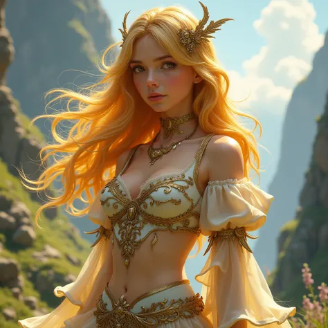 Young woman with yellow hair in fluffy outfit and fluffy hat, Fantasy character art, Awesome character art, Epic fantasy character art, HD fantasy art, Epic exquisite character art, Realistic fantasy artwork, Fantasy woman, Epic fantasy art style HD, Fanta...