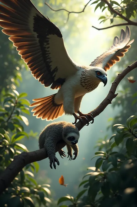 Hunting Action Shot: The Harpy Eagle diving towards a sloth in the treetops, capturing the moment just before it strikes.