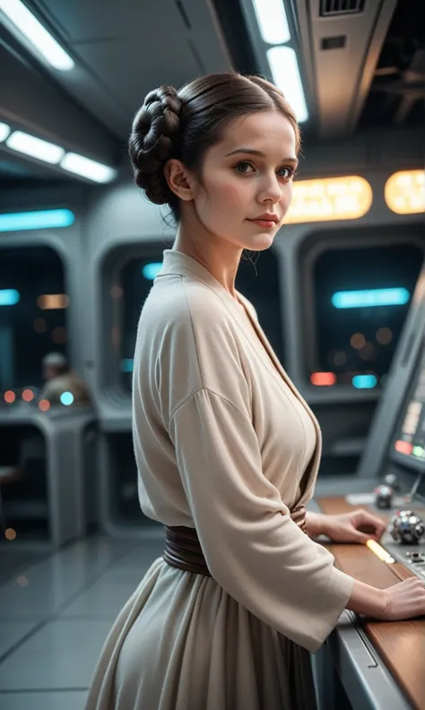 score_9, score_8_up, score_7_up, score_6_up, photo, realism, photorealistic, wide angle , princess leia , posing on board a spaceship, looking at viewer, depth of field, bokeh, low light, neon glow, blue neon, star wars, film grain