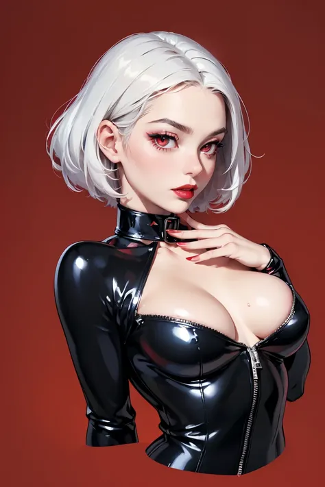 (best lighting) (best quality, masterpiece:1.2), (absurdres), portrait, alluring, ethereal, flirtatious, woman, ((very short, messy, cropped, boyish, white hair), ((red eyes)), (detailed eyes), ((glossy, shiny, red lipstick)), full lips, ((black latex body...