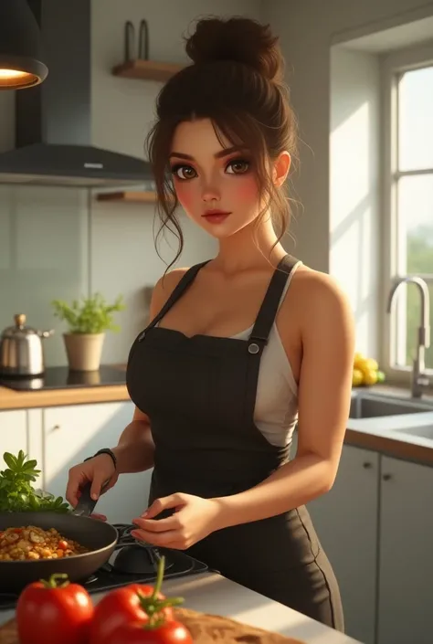 ( Beautiful fair-skinned girl , slim, With big boobs,  of a 1 , 55 meters ,  sexy girl,  belly with light brown eyes ,  with brown hair and big pupils .  You are cooking in a modern ,  in a well-lit kitchen with a frying pan in hands and fresh vegetables o...