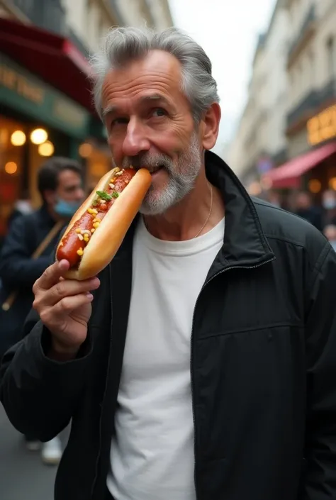 A 50 year old man with white t shirt and black jacket eating hot dog in paris