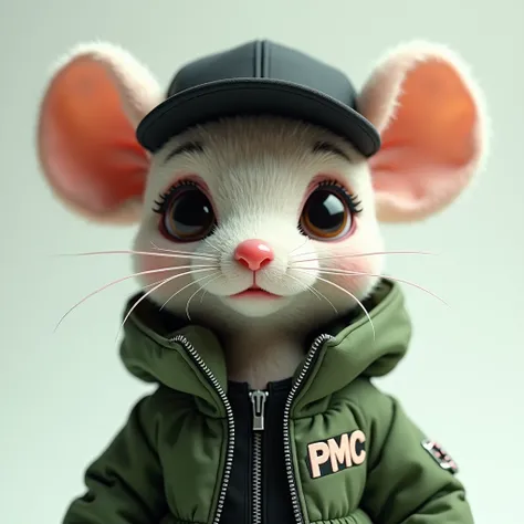 Hyper realism cute mouse doll, HD, black and green cyberpunk style jacket with green PMC letter embroided to the right chest part of the jacket, light colour background, black cap with PMC letter