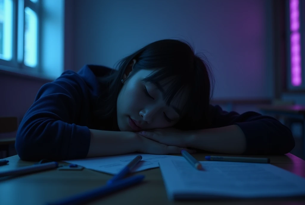 "Create a close-up image of a student sleeping at their desk, set against a dark and eerie classroom background. On the left side, soft blue LED lights cast a cool glow, while purple LED lights illuminate the right side. The classroom atmosphere is dim and...