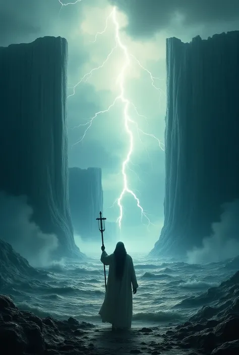 "Create a stunning, highly detailed image of Moses parting the Red Sea. Moses is at the forefront holding a staff in one hand, with the sea dramatically divided into two enormous walls of water, creating a clear path. He is illuminated by divine light, wit...