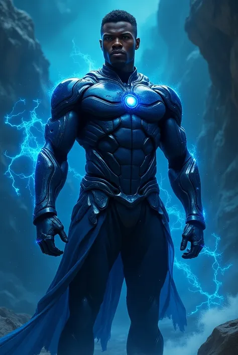 Create a black male character who is a hero whose power is that of the planet Neptune your costume must be blue Cronos nanotechnological armor
