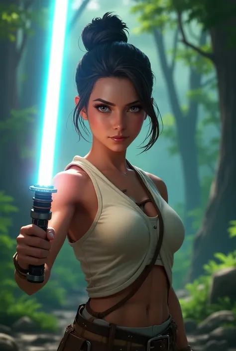 Lena from the game Endless Summer holds a Jedi sword in her hand