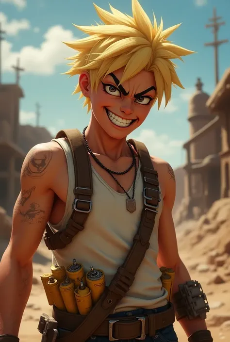 A man in his 20s half punk with yellowish hair with a lack of tint.  Looking like a miner who is crazy ,  laughing and lives in the Western West , white regatta(sleeveless) and uses  ,T.n. T dynamites and explosives as a weapon , Which are in a belt that s...