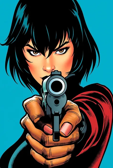  American comic book style  (  Draw the upper body of a spy woman with a big naked head With her chest holding a gun and pointing a barrel here : (background blue.:2.0),(detailed hands:2.0),(Beautiful female hands:2.0)
