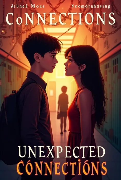 The cover of "Unexpected Connections "  must capture the essence of a juvenile story that explores the romance ,  friendship and the unexpected twists that life can present .  The main image must show the two protagonists , a boy and a girl, in a school se...